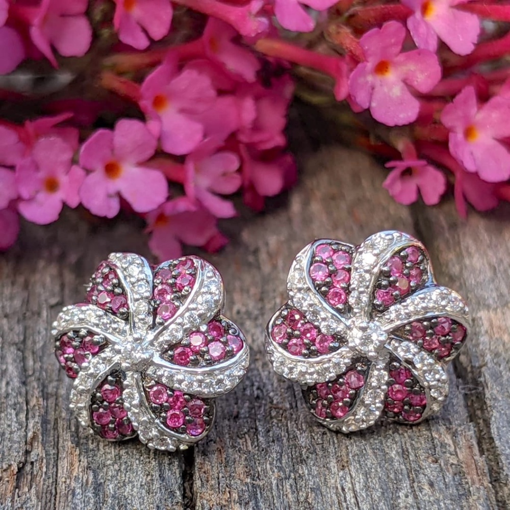 New! Sterling Silver Ruby & Cubic Zirconia Pinwheel Stud Earrings